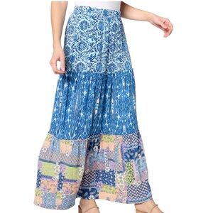 Bohemian Blue Patchwork Maxi Skirt Flowy XL Pocket Whimsygoth Prairie Cottage